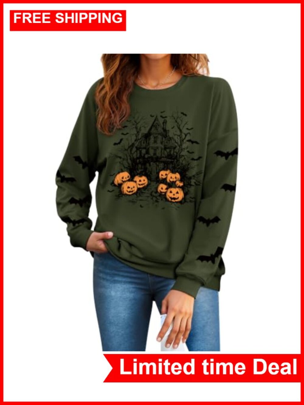 Oversized Halloween Sweatshirt Crewneck Pullover Cotton Spooky Bat Pumpkin